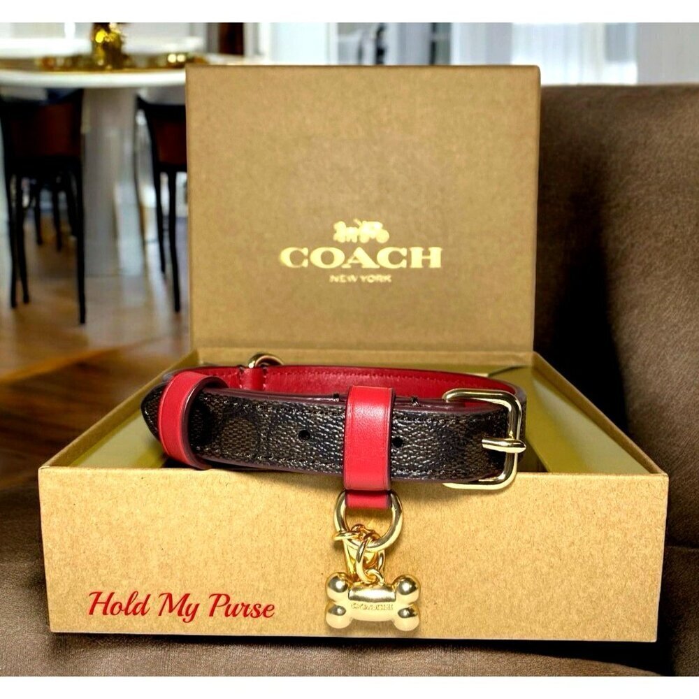 Coach Small Dog Collar Brown Red Signature C Includes an Apple AirTag Tracker